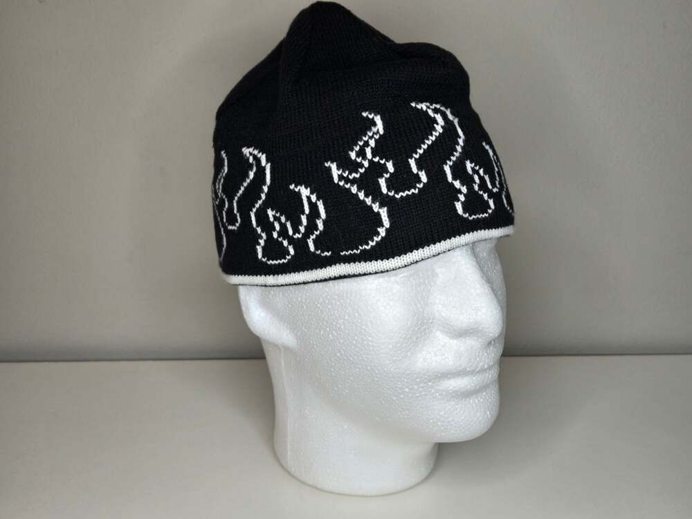 Jacob Ash / Schuessler Black and White Flame Knit Beanie Hat Skull Cap